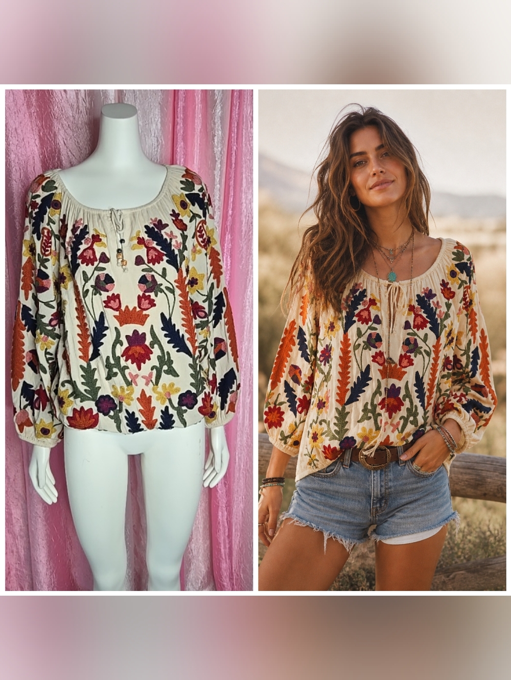 Soft Surroundings Colorful Bohemian Floral Embroidered Blouse Size Medium